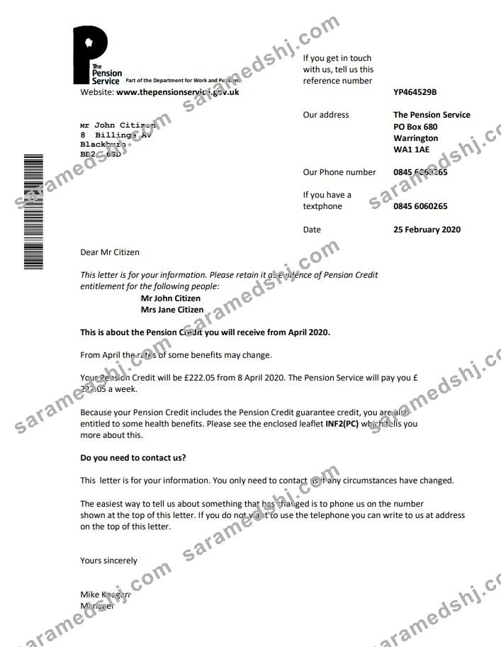United Kingdom The Pension Service bank proof of address statement template in Word and PDF format